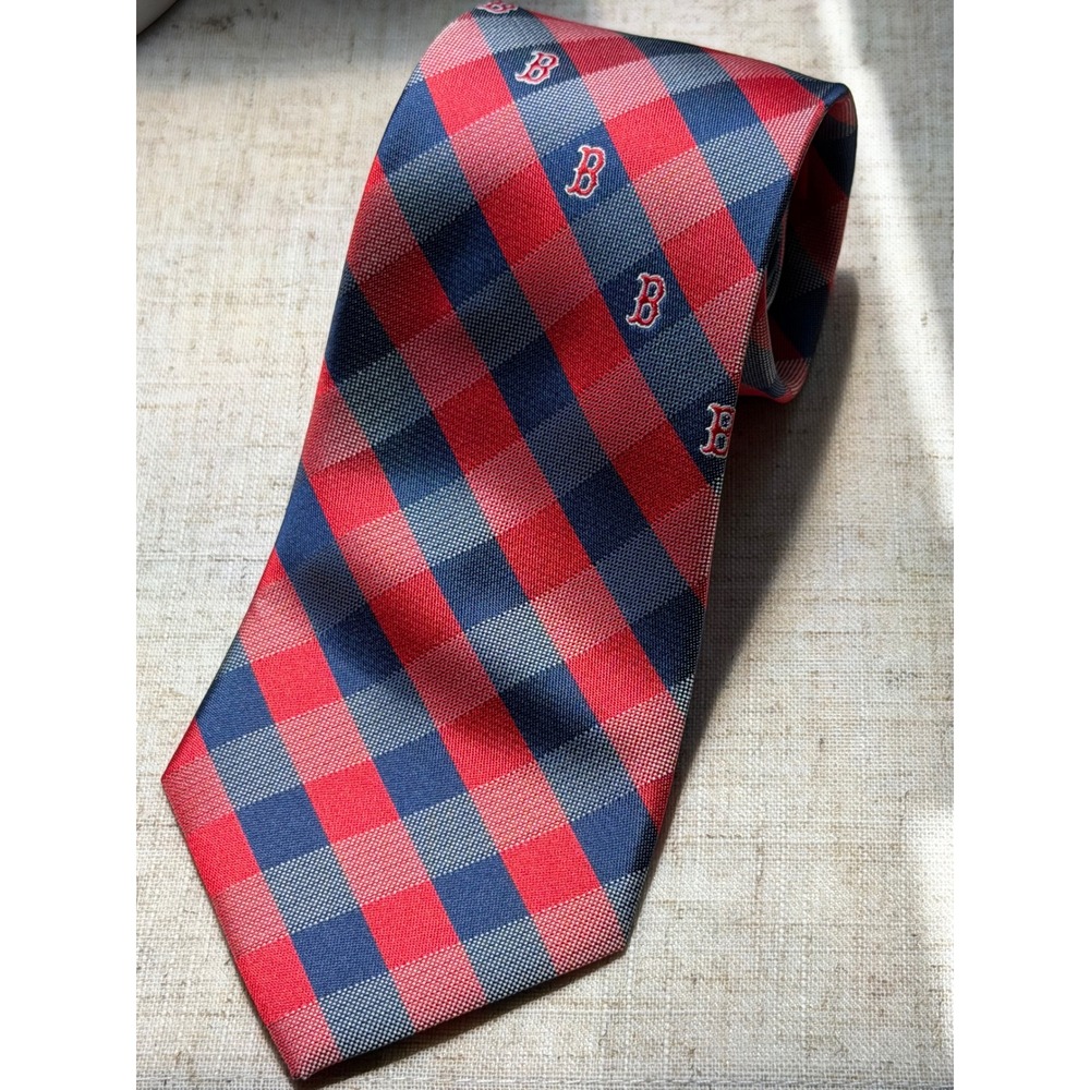 Boston Red Sox MLB Mens Necktie Red Navy Blue Gingham Check Logo Tie